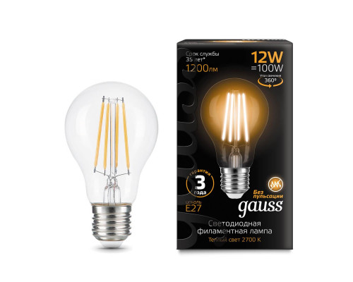 Лампа светодиодная филаментная Gauss E27 12W 2700K прозрачная 102902112 Лампа светодиодная филаментная Gauss E27 12W 2700K прозрачная 102902112