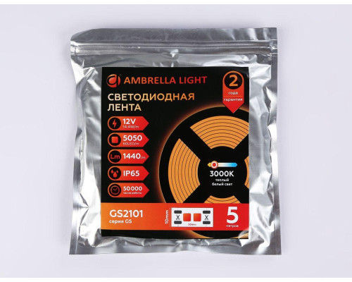 Светодиодная влагозащищенная лента Ambrella Light 14,4W/m 60LED/m 5050SMD теплый белый 5M GS2101 Светодиодная влагозащищенная лента Ambrella Light 14,4W/m 60LED/m 5050SMD теплый белый 5M GS2101