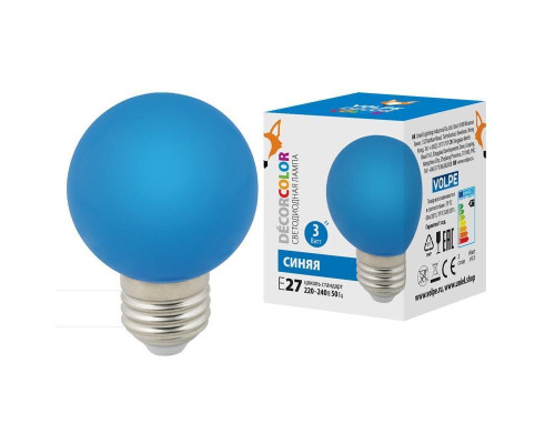Лампа светодиодная Volpe E27 3W синяя LED-G60-3W/Blue/E27/FR/С UL-00006957 Лампа светодиодная Volpe E27 3W синяя LED-G60-3W/Blue/E27/FR/С UL-00006957
