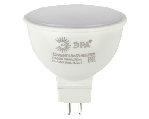 Лампа светодиодная ЭРА GU5.3 5W 2700K матовая LED MR16-5W-827-GU5.3 R Б0050230 Лампа светодиодная ЭРА GU5.3 5W 2700K матовая LED MR16-5W-827-GU5.3 R Б0050230