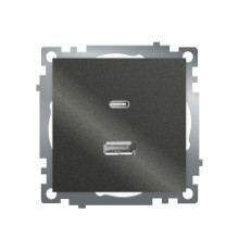 Розетка 2-местная USB + type C (механизм), 250В, 3А, max 20W, серия Катрин, графит, GLS10-7116-06 50052