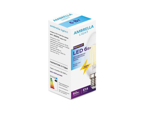 Лампа светодиодная филаментная Ambrella light E14 6W 4200K прозрачная 202115 Лампа светодиодная филаментная Ambrella light E14 6W 4200K прозрачная 202115