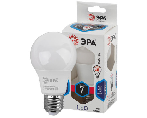 Лампа светодиодная ЭРА E27 7W 4000K матовая LED A60-7W-840-E27 Б0029820 Лампа светодиодная ЭРА E27 7W 4000K матовая LED A60-7W-840-E27 Б0029820