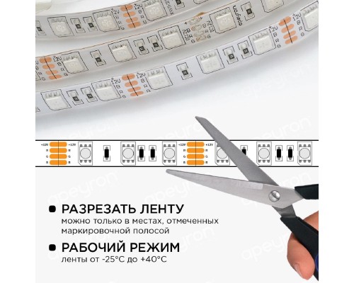 Светодиодная влагозащищенная лента Apeyron 14,4W/m 60LED/m 3528SMD разноцветная 5M 10-35