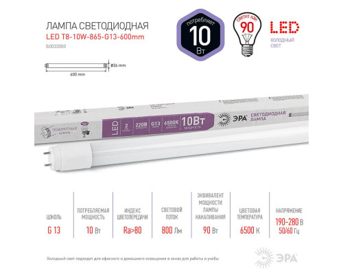 Лампа светодиодная ЭРА G13 10W 6500K матовая LED T8-10W-865-G13-600mm Б0033000 Лампа светодиодная ЭРА G13 10W 6500K матовая LED T8-10W-865-G13-600mm Б0033000