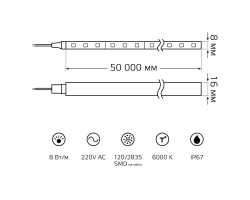 Гибкий неон Gauss 8W/m 120LED/m 2835SMD холодный белый 50M 311000308