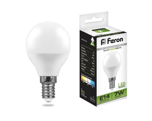 Лампа светодиодная Feron E14 7W 4000K Шар Матовая LB-95 25479 Лампа светодиодная Feron E14 7W 4000K Шар Матовая LB-95 25479