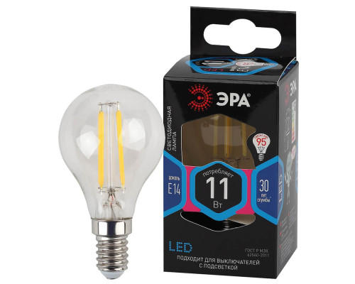 Лампа светодиодная филаментная ЭРА E14 11W 4000K прозрачная F-LED P45-11w-840-E14 Б0047014