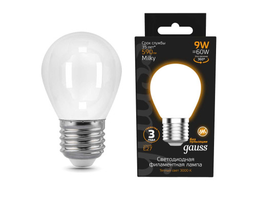 Лампа светодиодная филаментная Gauss E27 9W 3000К матовая 105202109