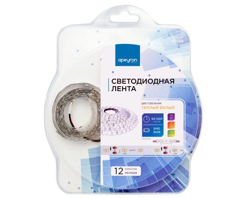 Светодиодная лента Apeyron 4,8W/m 60LED/m 3528SMD теплый белый 2,5M 10-129 Светодиодная лента Apeyron 4,8W/m 60LED/m 3528SMD теплый белый 2,5M 10-129