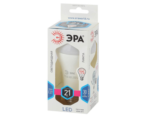 Лампа светодиодная ЭРА E27 21W 4000K матовая LED A65-21W-840-E27 Б0035332 Лампа светодиодная ЭРА E27 21W 4000K матовая LED A65-21W-840-E27 Б0035332