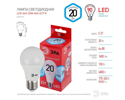 Лампа светодиодная ЭРА E27 20W 4000K матовая LED A65-20W-840-E27 R Б0049637 Лампа светодиодная ЭРА E27 20W 4000K матовая LED A65-20W-840-E27 R Б0049637