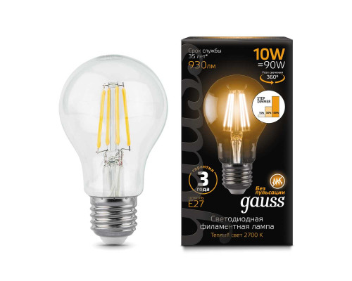 Лампа светодиодная филаментная Gauss E27 10W 2700К прозрачная 102802110