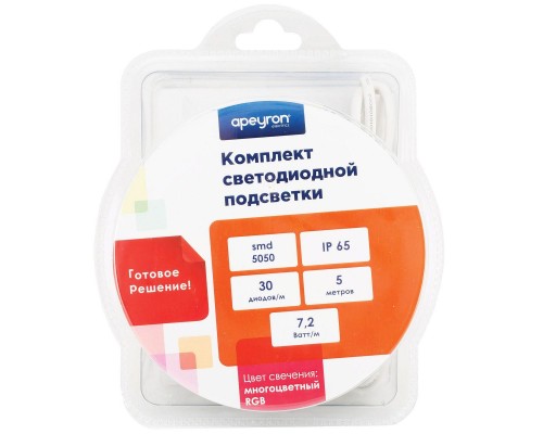 Светодиодная влагозащищенная лента Apeyron 7,2W/m 30LED/m 3528SMD разноцветная 5M 10-03
