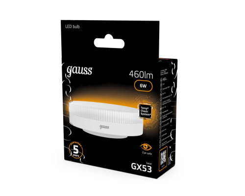 Лампа светодиодная Gauss GX53 6W 3000K матовая 108008106 Лампа светодиодная Gauss GX53 6W 3000K матовая 108008106