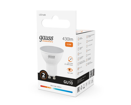 Лампа светодиодная Gauss GU10 5.5W 3000K матовая 13616 Лампа светодиодная Gauss GU10 5.5W 3000K матовая 13616