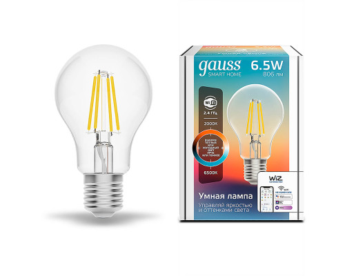 Лампа светодиодная диммируемая филаментная Gauss Smart Home Filament E27 6,5W 2000-6500K прозрачная 1220112