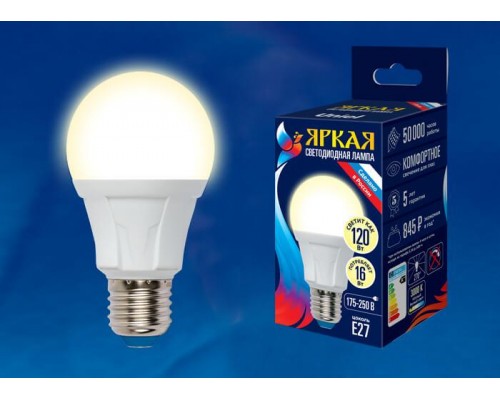 Лампа светодиодная Uniel E27 16W 3000K матовая LED-A60 16W/3000K/E27/FR PLP01WH UL-00005033