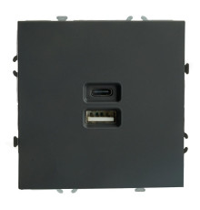 Розетка 2-местная USB + Type C (механизм), STEKKER, 250В, 20W, серия Эмили, RST10-5115-05, черный уголь, soft touch 49853