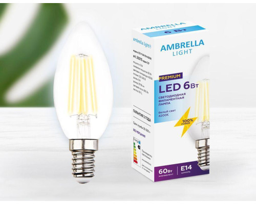 Лампа светодиодная филаментная Ambrella light E14 6W 4200K прозрачная 202115 Лампа светодиодная филаментная Ambrella light E14 6W 4200K прозрачная 202115