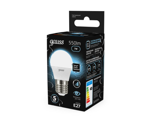 Лампа светодиодная Gauss E27 6.5W 4100K матовая 105102207 Лампа светодиодная Gauss E27 6.5W 4100K матовая 105102207