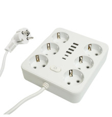 Удлинитель 6-местный c/з 3x1 мм2, 1,8 м, 250В, 10А, 4USB+2Type-C 2,4А, серия Home plus, белый STEKKER HM09-66-02 49975