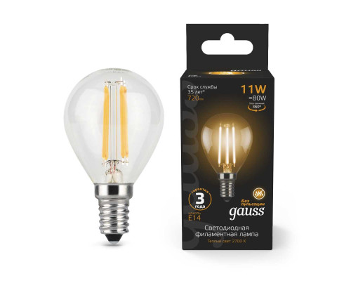 Лампа светодиодная филаментная Gauss E14 11W 2700К прозрачная 105801111 Лампа светодиодная филаментная Gauss E14 11W 2700К прозрачная 105801111