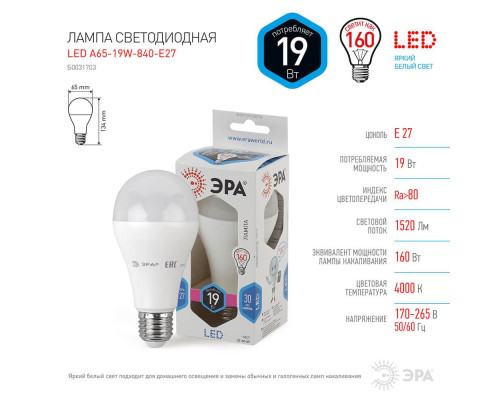 Лампа светодиодная ЭРА E27 19W 4000K матовая LED A65-19W-840-E27 Б0031703 Лампа светодиодная ЭРА E27 19W 4000K матовая LED A65-19W-840-E27 Б0031703