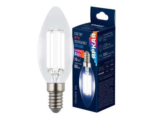 Лампа светодиодная Uniel E14 4W 4000K прозрачная LED-C35-4W/4000K/E14/CL GLY01TR UL-00011937 Лампа светодиодная Uniel E14 4W 4000K прозрачная LED-C35-4W/4000K/E14/CL GLY01TR UL-00011937