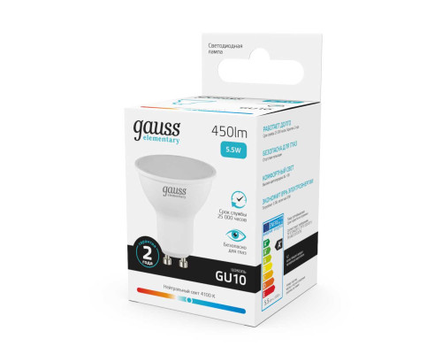 Лампа светодиодная Gauss GU10 5.5W 4100K матовая 13626 Лампа светодиодная Gauss GU10 5.5W 4100K матовая 13626