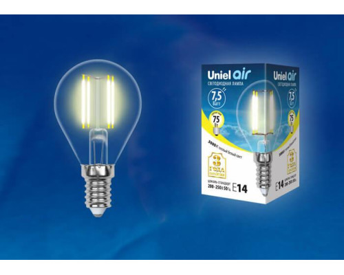 Лампа светодиодная филаментная Uniel E14 7,5W 3000K прозрачная LED-G45-7,5W/WW/E14/CL GLA01TR UL-00003250 Лампа светодиодная филаментная Uniel E14 7,5W 3000K прозрачная LED-G45-7,5W/WW/E14/CL GLA01TR UL-00003250