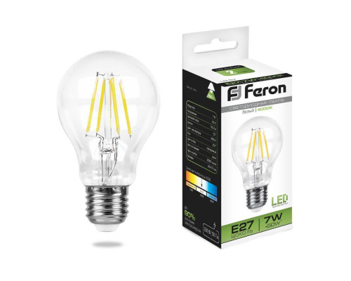 Лампа светодиодная филаментная Feron E27 7W 4000K Шар Прозрачная LB-57 25570