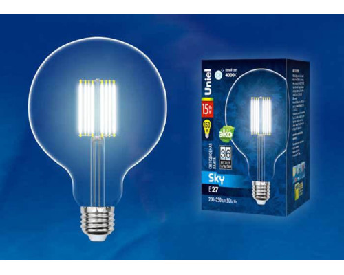 Лампа светодиодная филаментная Uniel E27 15W 4000K прозрачная LED-G125-15W/4000K/E27/CL PLS02WH UL-00004861 Лампа светодиодная филаментная Uniel E27 15W 4000K прозрачная LED-G125-15W/4000K/E27/CL PLS02WH UL-00004861