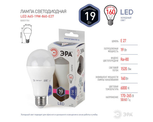 Лампа светодиодная ЭРА E27 19W 6000K матовая LED A65-19W-860-E27 Б0031704 Лампа светодиодная ЭРА E27 19W 6000K матовая LED A65-19W-860-E27 Б0031704