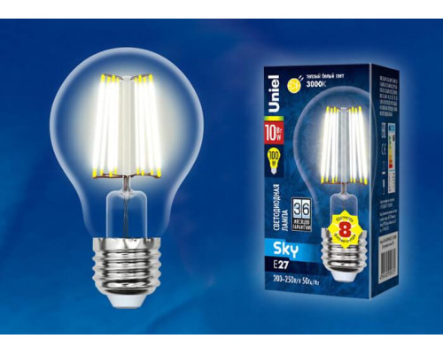 Лампа светодиодная филаментная Uniel E27 10W 3000K прозрачная LED-A60-10W/WW/E27/CL PLS02WH UL-00002625