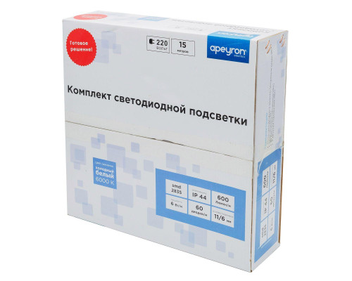 Светодиодная влагозащищенная лента Apeyron 6W/m 60LED/m 2835SMD холодный белый 15M 10-54 Светодиодная влагозащищенная лента Apeyron 6W/m 60LED/m 2835SMD холодный белый 15M 10-54