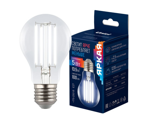 Лампа светодиодная Uniel E27 5W 4000K прозрачная LED-A60-5W/4000K/E27/CL GLY01TR UL-00011933 Лампа светодиодная Uniel E27 5W 4000K прозрачная LED-A60-5W/4000K/E27/CL GLY01TR UL-00011933