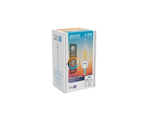 Лампа светодиодная диммируемая филаментная Gauss Smart Home Filament E14 4,5W 2000-6500K прозрачная 1280112 Лампа светодиодная диммируемая филаментная Gauss Smart Home Filament E14 4,5W 2000-6500K прозрачная 1280112