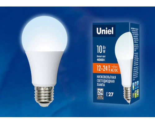 Лампа светодиодная Uniel E27 10W 4000K матовая LED-A60-10W/NW/E27/FR/12-24V PLO55WH UL-00002381 Лампа светодиодная Uniel E27 10W 4000K матовая LED-A60-10W/NW/E27/FR/12-24V PLO55WH UL-00002381
