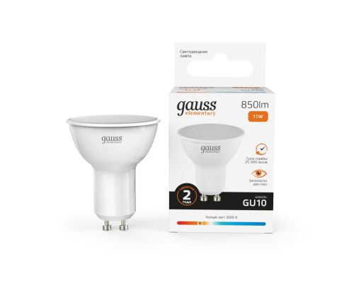 Лампа светодиодная Gauss GU10 11W 3000K матовая 13611