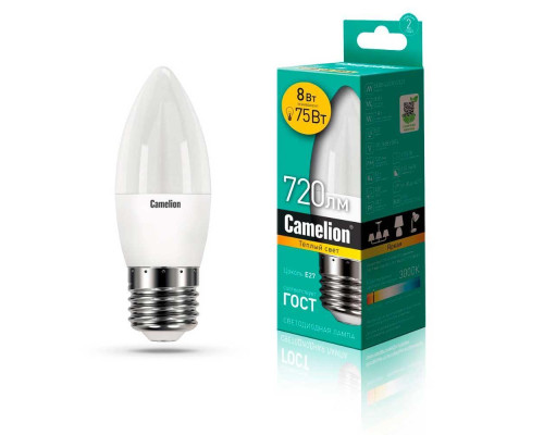 Лампа светодиодная Camelion E27 8W 3000K LED8-C35/830/E27 12389 Лампа светодиодная Camelion E27 8W 3000K LED8-C35/830/E27 12389
