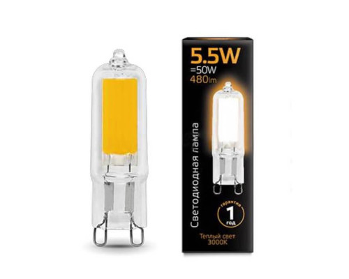 Лампа светодиодная Gauss G9 5.5W 3000K прозрачная 107809105