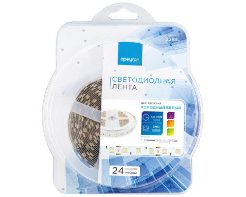 Светодиодная лента Apeyron 14,4W/m 60Led/m 5050SMD холодный белый 3M 229BL Светодиодная лента Apeyron 14,4W/m 60Led/m 5050SMD холодный белый 3M 229BL