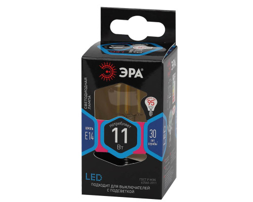 Лампа светодиодная филаментная ЭРА E14 11W 4000K прозрачная F-LED P45-11w-840-E14 Б0047014