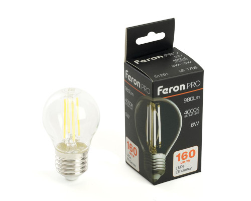Лампа светодиодная Feron.PRO LB-1706 Шарик E27 980LM 6W 175-265V 4000K 51251 Лампа светодиодная Feron.PRO LB-1706 Шарик E27 980LM 6W 175-265V 4000K 51251